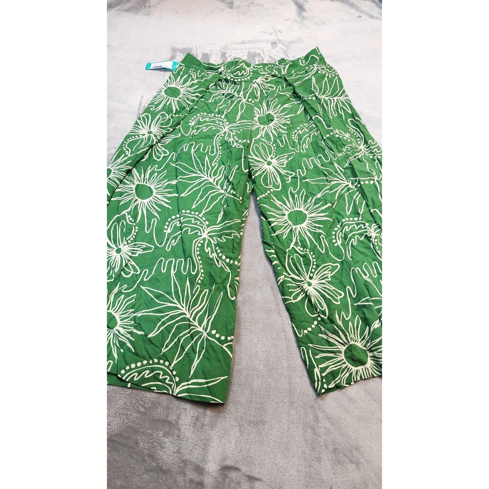 XIX Palms x Tribal Women's Size 1X Green Floral Wide Leg Front Slit Pants NWT